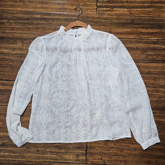 SEZANE Valentine Ecru Sheer Embroidered High-Neck Long Sleeve Blouse Top 36/4 - Picture 1 of 9